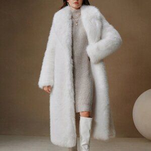 White Casual Women's Long Fluffy Collar Elegant Jacket
